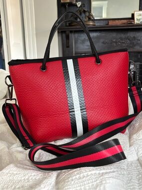 Haute Shore Red neoprene beach tote with Long crossbody strap gun metal hardware